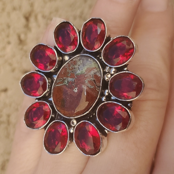 New Oversized Seam Agate and Garnet 925 Silver Statement Ring. - Picture 6 of 16